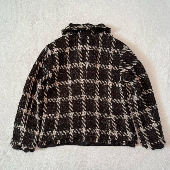 Chicos Tweed Blazer Jacket with Fringe Metallic Details and Leather Trim - Picture 2 of 6